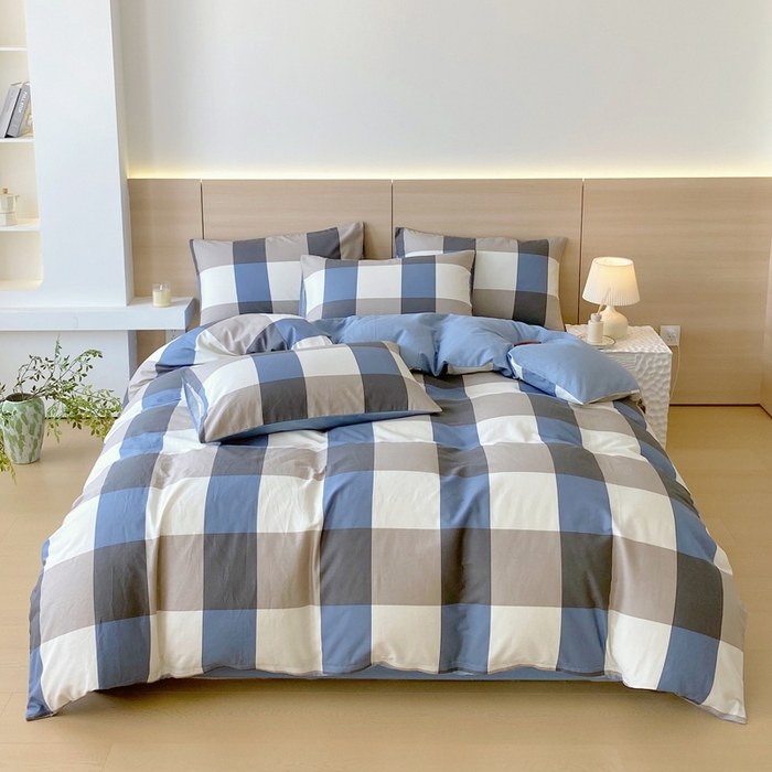 91家纺网 家纺一手货源 找家纺 春皖家纺 2025新款12868全棉印花四件套-大床图 蓝大格