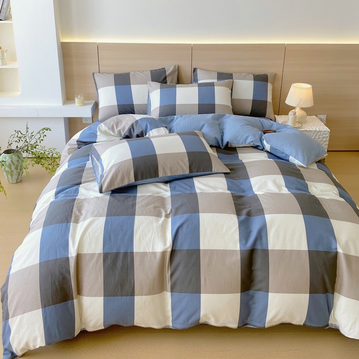 91家纺网 家纺一手货源 找家纺 春皖家纺 2025新款12868全棉印花四件套-大床图 蓝大格