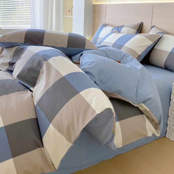 91家纺网 家纺一手货源 找家纺 春皖家纺 2025新款12868全棉印花四件套-大床图 蓝大格