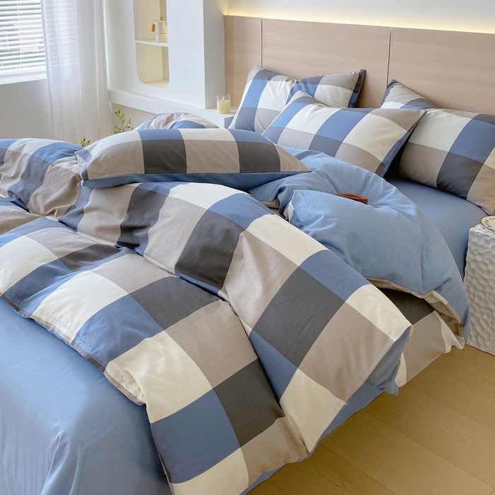 91家纺网 家纺一手货源 找家纺 春皖家纺 2025新款12868全棉印花四件套-大床图 蓝大格