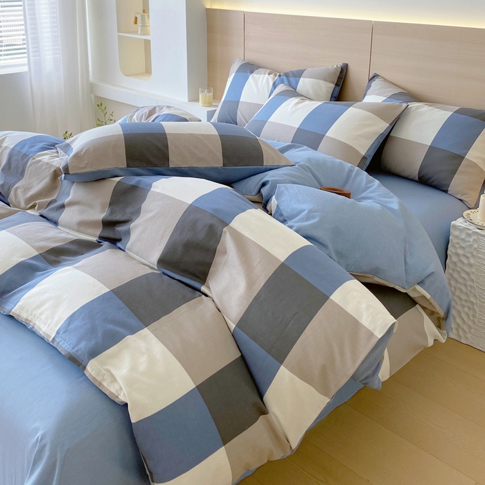 91家纺网 家纺一手货源 找家纺 春皖家纺 2025新款12868全棉印花四件套-大床图 蓝大格