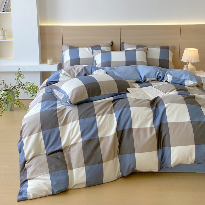 91家纺网 家纺一手货源 找家纺 春皖家纺 2025新款12868全棉印花四件套-大床图 蓝大格