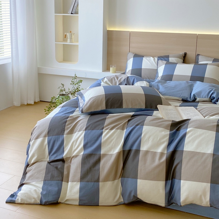 91家纺网 家纺一手货源 找家纺 春皖家纺 2025新款12868全棉印花四件套-大床图 蓝大格