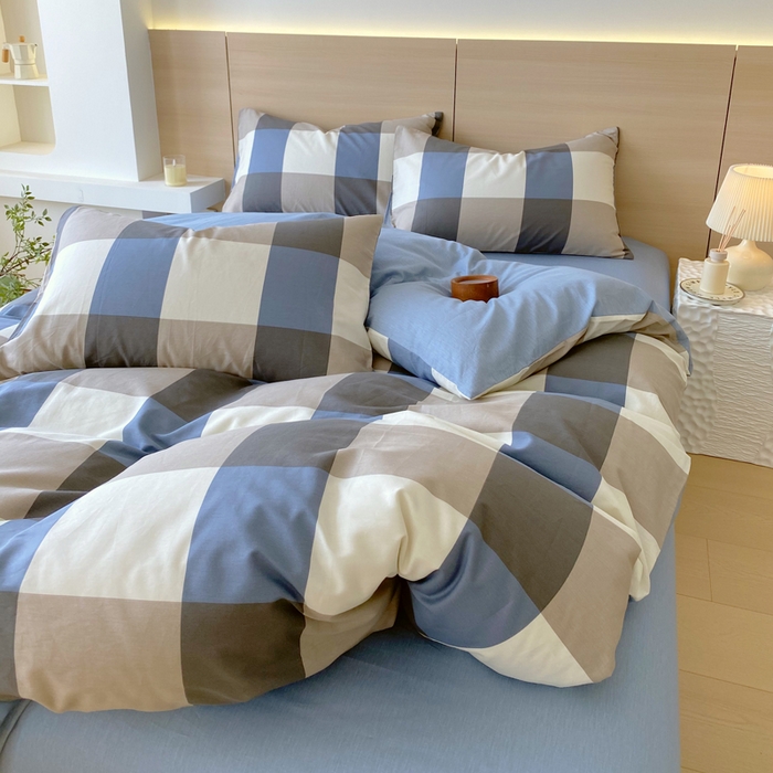 91家纺网 家纺一手货源 找家纺 春皖家纺 2025新款12868全棉印花四件套-大床图 蓝大格