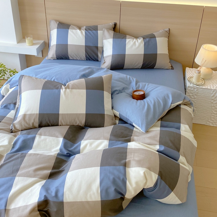 91家纺网 家纺一手货源 找家纺 春皖家纺 2025新款12868全棉印花四件套-大床图 蓝大格