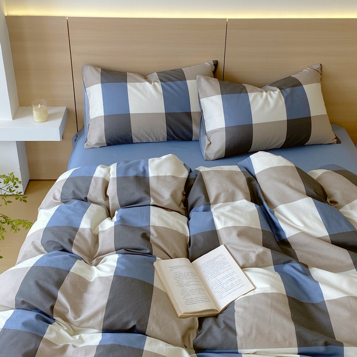 91家纺网 家纺一手货源 找家纺 春皖家纺 2025新款12868全棉印花四件套-大床图 蓝大格