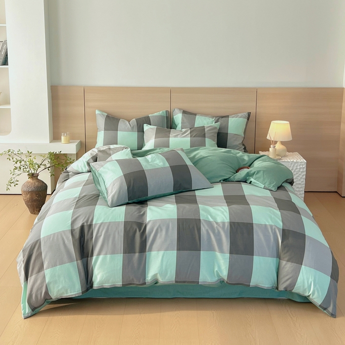 91家纺网 家纺一手货源 找家纺 春皖家纺 2025新款12868全棉印花四件套-大床图 绿大格