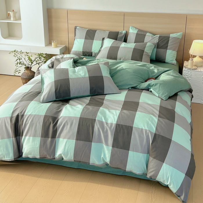 91家纺网 家纺一手货源 找家纺 春皖家纺 2025新款12868全棉印花四件套-大床图 绿大格