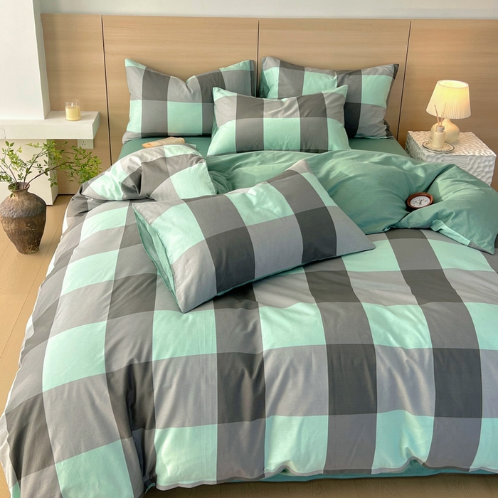 91家纺网 家纺一手货源 找家纺 春皖家纺 2025新款12868全棉印花四件套-大床图 绿大格