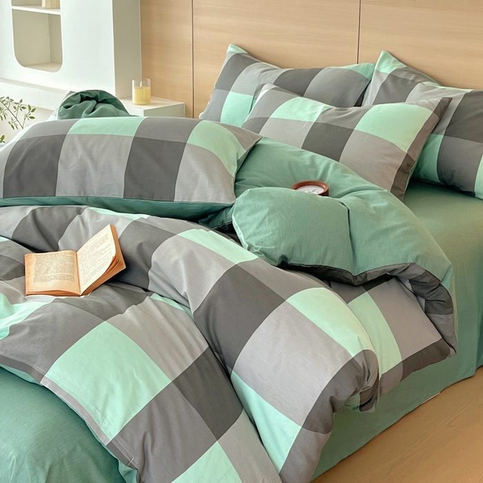 91家纺网 家纺一手货源 找家纺 春皖家纺 2025新款12868全棉印花四件套-大床图 绿大格