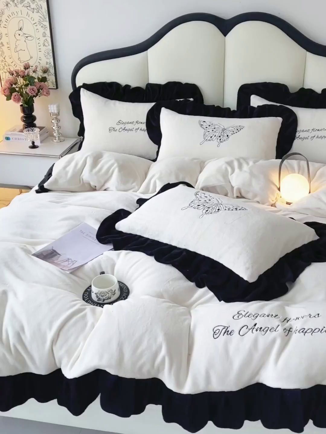 91家纺网 家纺一手货源 找家纺 炫拼家纺 2025新款刺绣黑花边高克重牛奶绒四件套-法式玫瑰 法式玫瑰-奶昔白