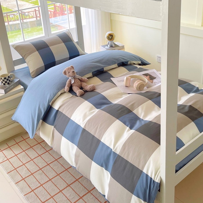 91家纺网 家纺一手货源 找家纺 春皖家纺 2025新款12868全棉印花上下铺四件套-学生床 蓝大格