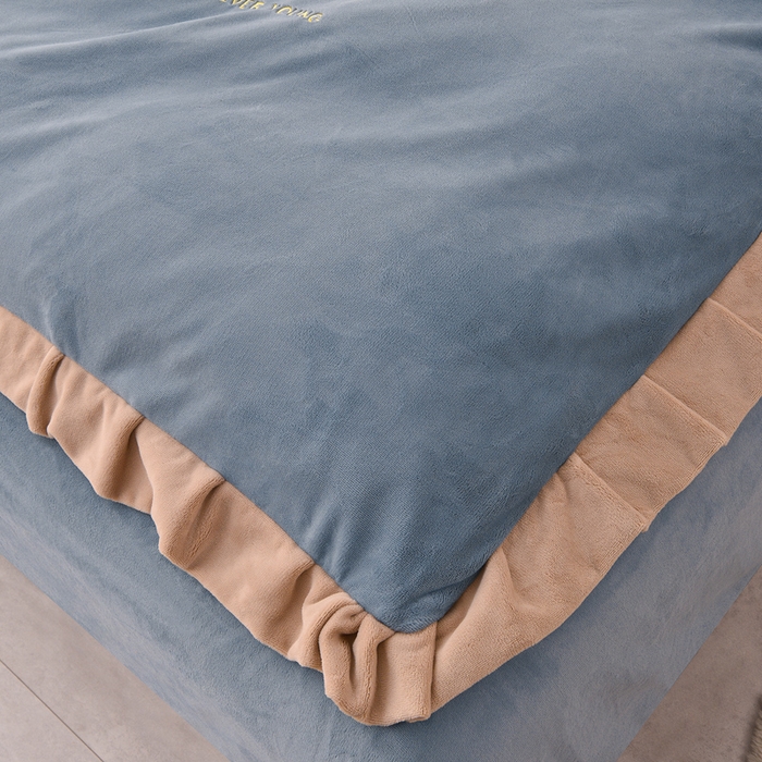 91家纺网 家纺一手货源 找家纺 氧家 2025新款高克重牛奶绒拼角刺绣床单床笠床盖款四件套-钟爱 钟爱-蓝