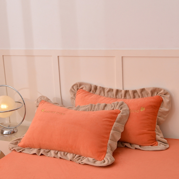 91家纺网 家纺一手货源 找家纺 氧家 2025新款高克重牛奶绒拼角刺绣床单床笠床盖款四件套-钟爱 钟爱-橙