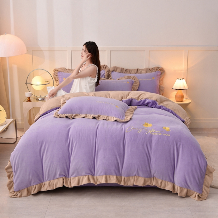 91家纺网 家纺一手货源 找家纺 氧家 2025新款高克重牛奶绒拼角刺绣床单床笠床盖款四件套-钟爱 钟爱-紫