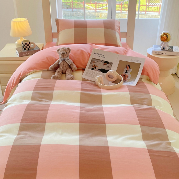 91家纺网 家纺一手货源 找家纺 春皖家纺 2025新款12868全棉印花上下铺四件套-学生床 粉大格