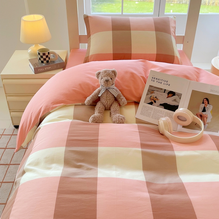 91家纺网 家纺一手货源 找家纺 春皖家纺 2025新款12868全棉印花上下铺四件套-学生床 粉大格