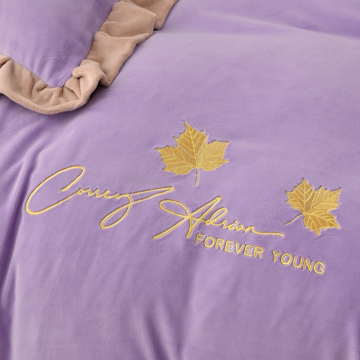 91家纺网 家纺一手货源 找家纺 氧家 2025新款高克重牛奶绒拼角刺绣床单床笠床盖款四件套-钟爱 钟爱-紫