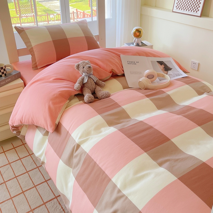 91家纺网 家纺一手货源 找家纺 春皖家纺 2025新款12868全棉印花上下铺四件套-学生床 粉大格