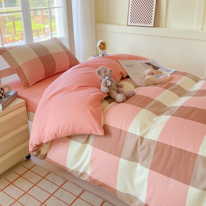 91家纺网 家纺一手货源 找家纺 春皖家纺 2025新款12868全棉印花上下铺四件套-学生床 粉大格