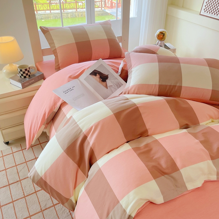 91家纺网 家纺一手货源 找家纺 春皖家纺 2025新款12868全棉印花上下铺四件套-学生床 粉大格