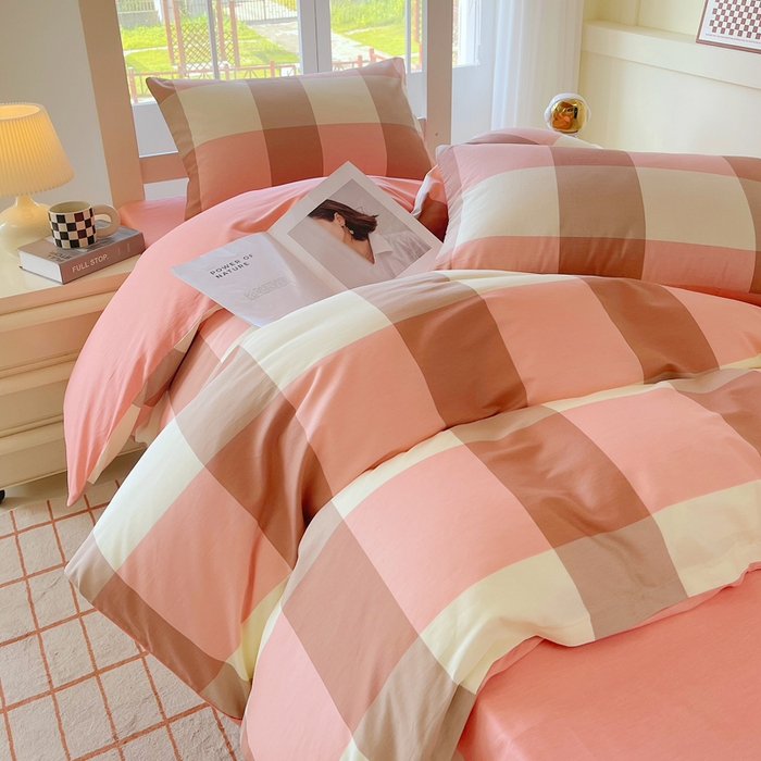 91家纺网 家纺一手货源 找家纺 春皖家纺 2025新款12868全棉印花上下铺四件套-学生床 粉大格