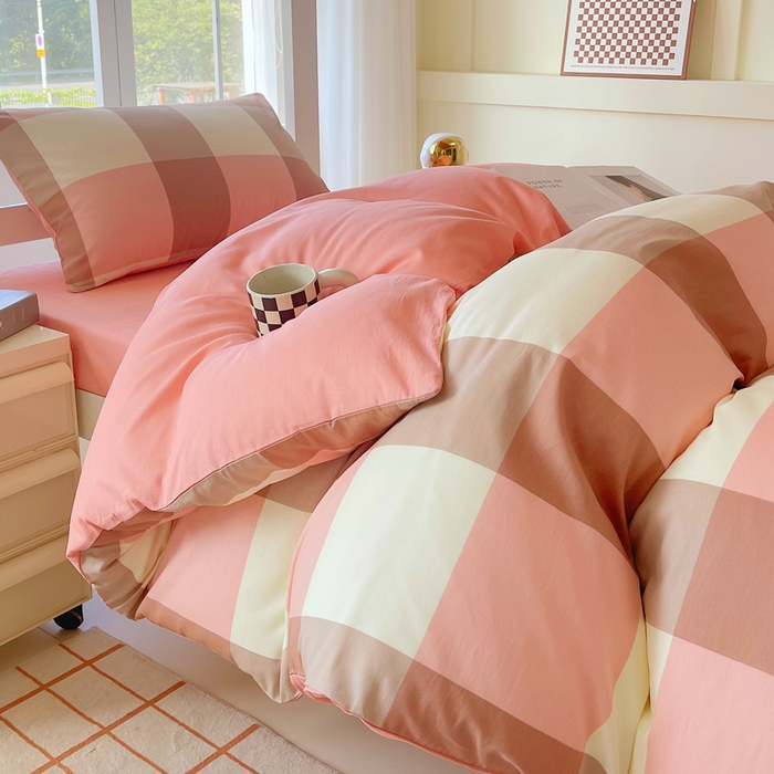 91家纺网 家纺一手货源 找家纺 春皖家纺 2025新款12868全棉印花上下铺四件套-学生床 粉大格