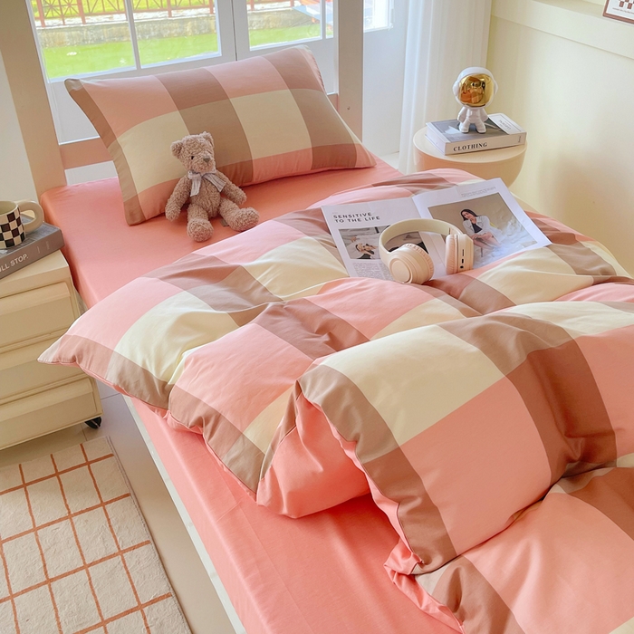 91家纺网 家纺一手货源 找家纺 春皖家纺 2025新款12868全棉印花上下铺四件套-学生床 粉大格