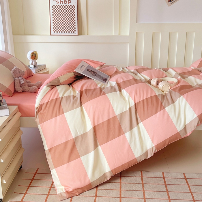 91家纺网 家纺一手货源 找家纺 春皖家纺 2025新款12868全棉印花上下铺四件套-学生床 粉大格