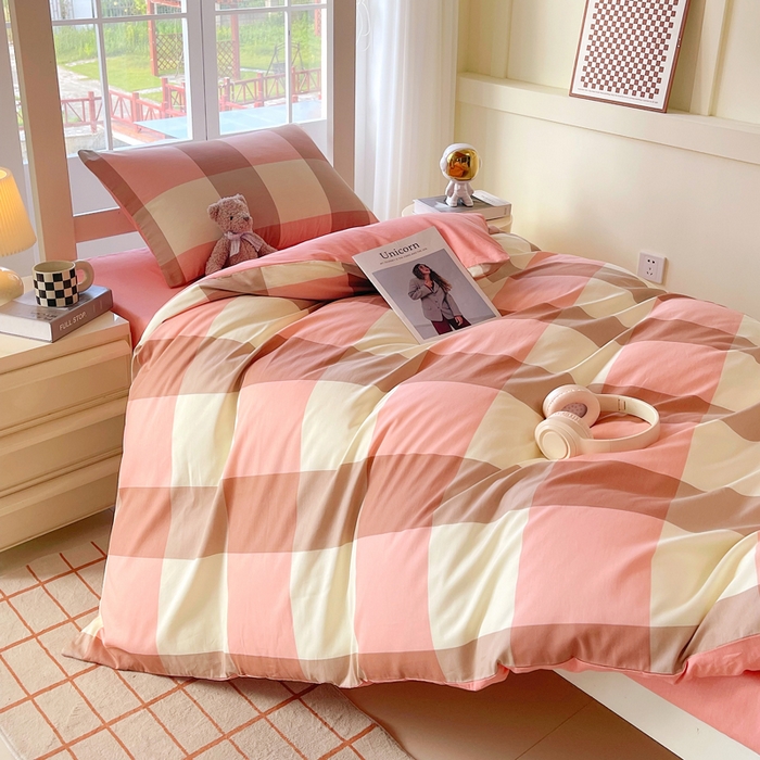 91家纺网 家纺一手货源 找家纺 春皖家纺 2025新款12868全棉印花上下铺四件套-学生床 粉大格