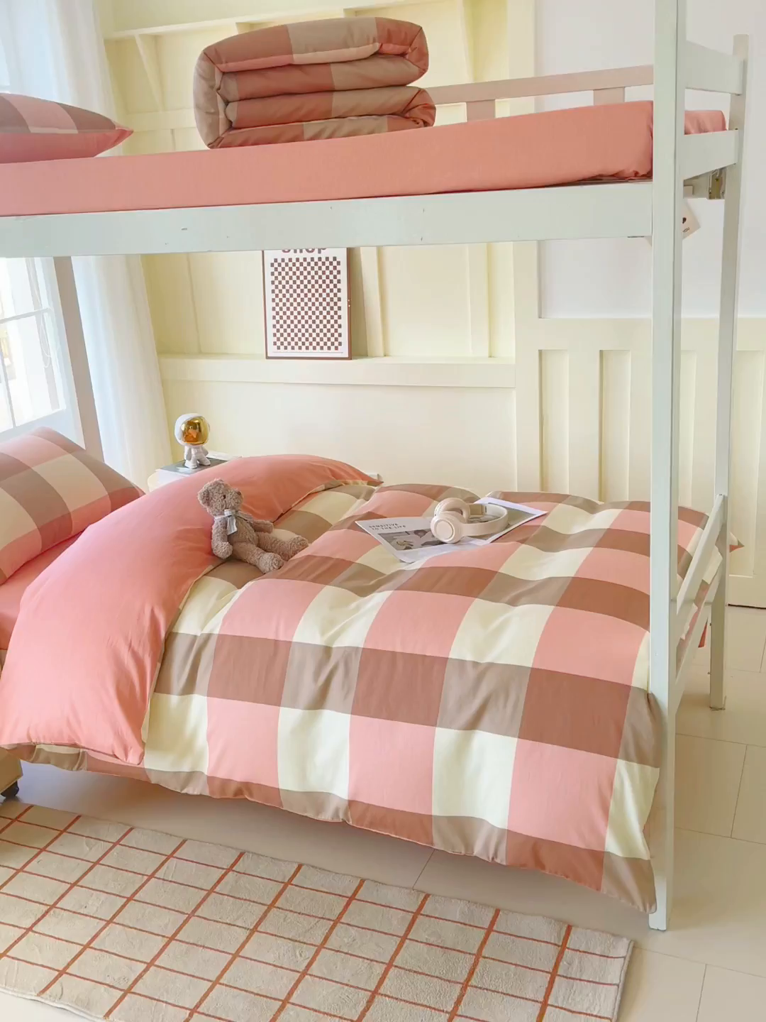 91家纺网 家纺一手货源 找家纺 春皖家纺 2025新款12868全棉印花上下铺四件套-学生床 粉大格