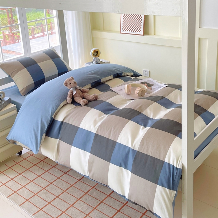 91家纺网 家纺一手货源 找家纺 春皖家纺 2025新款12868全棉印花上下铺四件套-学生床 蓝大格