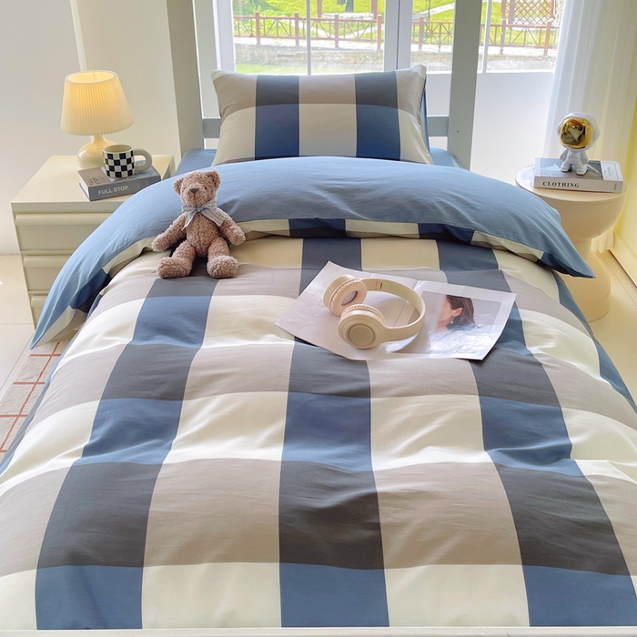 91家纺网 家纺一手货源 找家纺 春皖家纺 2025新款12868全棉印花上下铺四件套-学生床 蓝大格