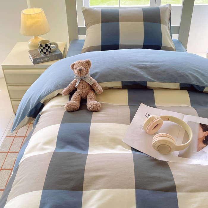 91家纺网 家纺一手货源 找家纺 春皖家纺 2025新款12868全棉印花上下铺四件套-学生床 蓝大格