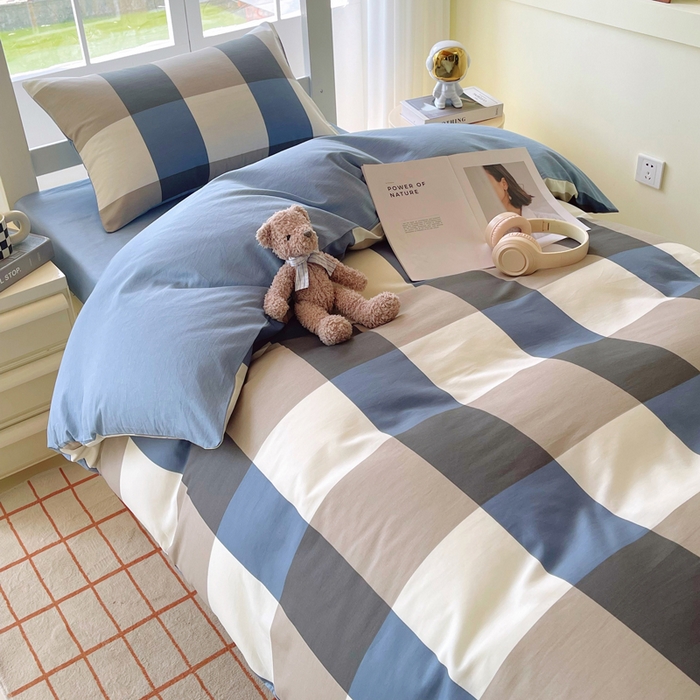 91家纺网 家纺一手货源 找家纺 春皖家纺 2025新款12868全棉印花上下铺四件套-学生床 蓝大格