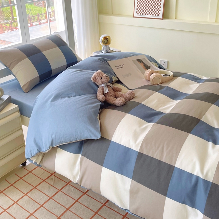 91家纺网 家纺一手货源 找家纺 春皖家纺 2025新款12868全棉印花上下铺四件套-学生床 蓝大格