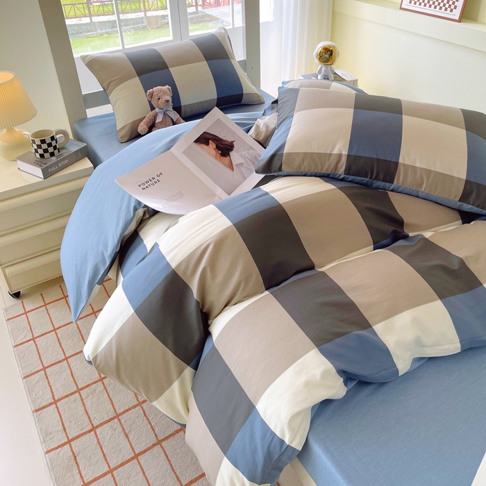 91家纺网 家纺一手货源 找家纺 春皖家纺 2025新款12868全棉印花上下铺四件套-学生床 蓝大格