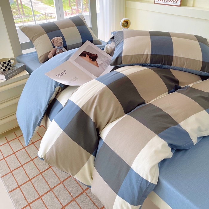 91家纺网 家纺一手货源 找家纺 春皖家纺 2025新款12868全棉印花上下铺四件套-学生床 蓝大格