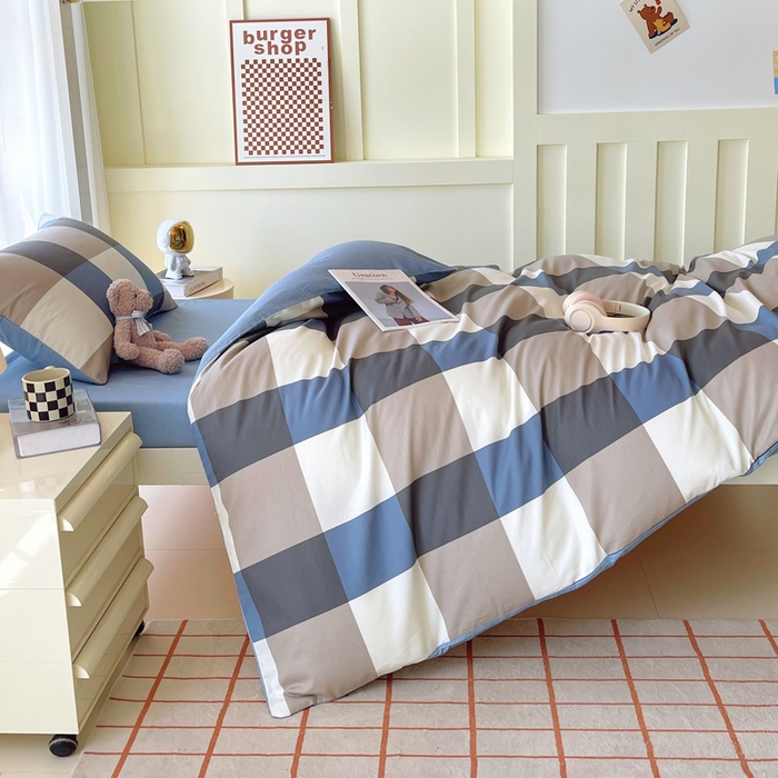 91家纺网 家纺一手货源 找家纺 春皖家纺 2025新款12868全棉印花上下铺四件套-学生床 蓝大格