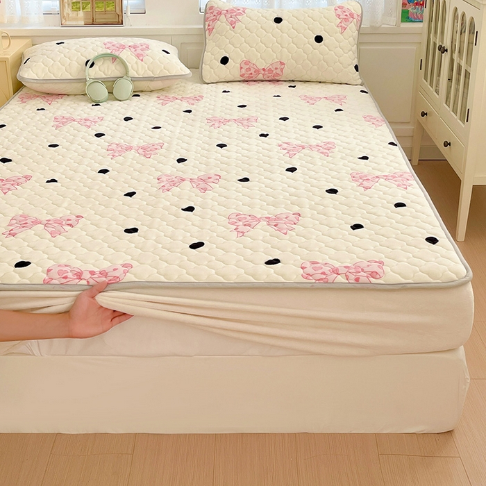 91家纺网 家纺一手货源 找家纺 富馨莱 2025新款牛奶绒夹棉床笠支持一件定做 蝴蝶结-夹棉