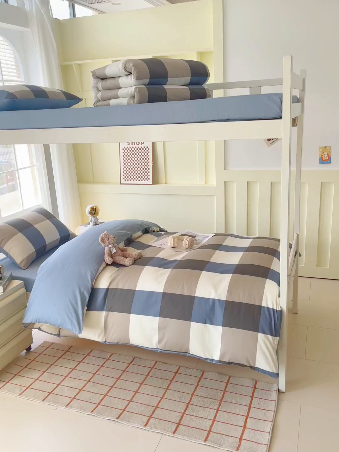 91家纺网 家纺一手货源 找家纺 春皖家纺 2025新款12868全棉印花上下铺四件套-学生床 蓝大格