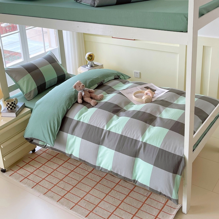 91家纺网 家纺一手货源 找家纺 春皖家纺 2025新款12868全棉印花上下铺四件套-学生床 绿大格