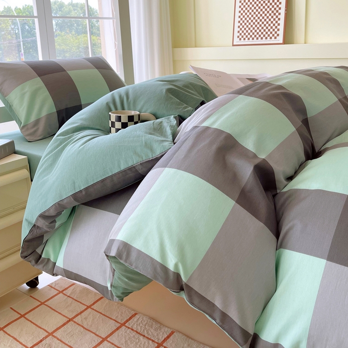 91家纺网 家纺一手货源 找家纺 春皖家纺 2025新款12868全棉印花上下铺四件套-学生床 绿大格