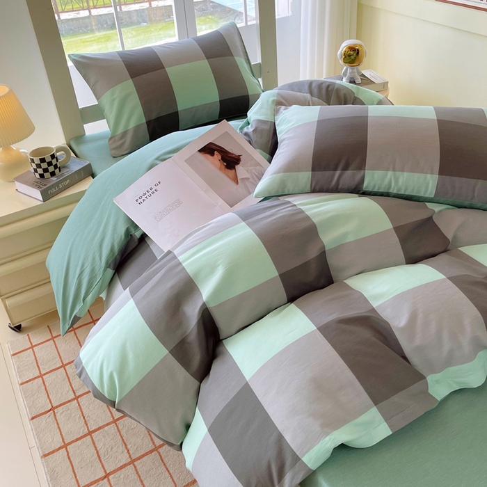 91家纺网 家纺一手货源 找家纺 春皖家纺 2025新款12868全棉印花上下铺四件套-学生床 绿大格