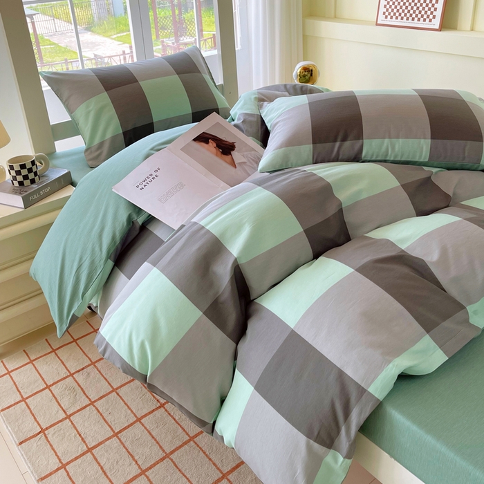 91家纺网 家纺一手货源 找家纺 春皖家纺 2025新款12868全棉印花上下铺四件套-学生床 绿大格