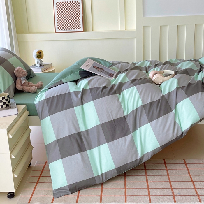 91家纺网 家纺一手货源 找家纺 春皖家纺 2025新款12868全棉印花上下铺四件套-学生床 绿大格