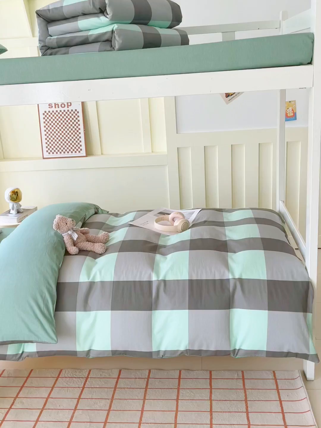 91家纺网 家纺一手货源 找家纺 春皖家纺 2025新款12868全棉印花上下铺四件套-学生床 绿大格