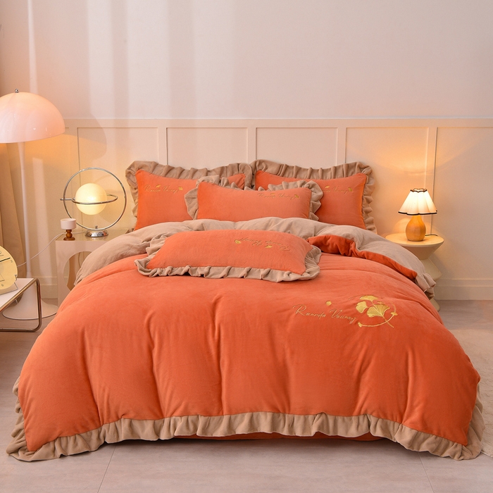 91家纺网 家纺一手货源 找家纺 氧家 2025新款高克重牛奶绒拼角刺绣床单床笠床盖款四件套-星语 星语-橙