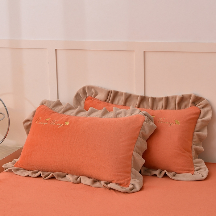 91家纺网 家纺一手货源 找家纺 氧家 2025新款高克重牛奶绒拼角刺绣床单床笠床盖款四件套-星语 星语-橙