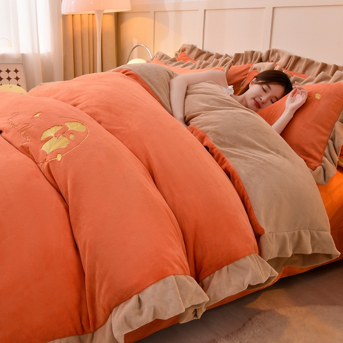 氧家 2025新款高克重牛奶绒拼角刺绣床单床笠床盖款四件套-星语 星语-橙